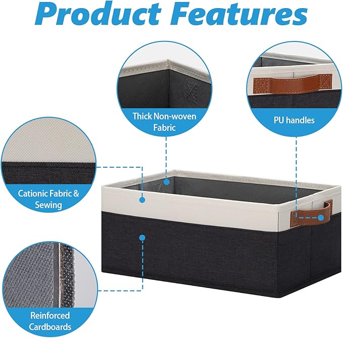 GhvyenntteS Storage Baskets for Shelves 12 Pack, Fabric Storage Bins with Leather Handles, Foldable Rectangular Storage Baskets for Organizing Home, Office (Black/White, 11.8" x 7.87" x 5.11")-Ruum Studio Home