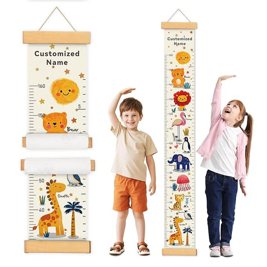 Personalized Name Growth Chart Wall Decor for Kids – Canvas Removable Height Chart Measuring Ruler 59" x 7.9" （Animals）-Ruum Studio Home