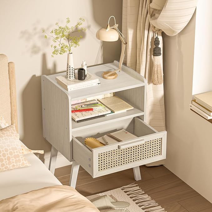 Lerliuo Rattan Nightstands Set of 2, Side Table with Drawer Open Shelf, Cane Accent Bedside End Table, Mid Century Modern Night Stand for Bedroom, Dorm and Small Spaces (Grey White)-Ruum Studio Home