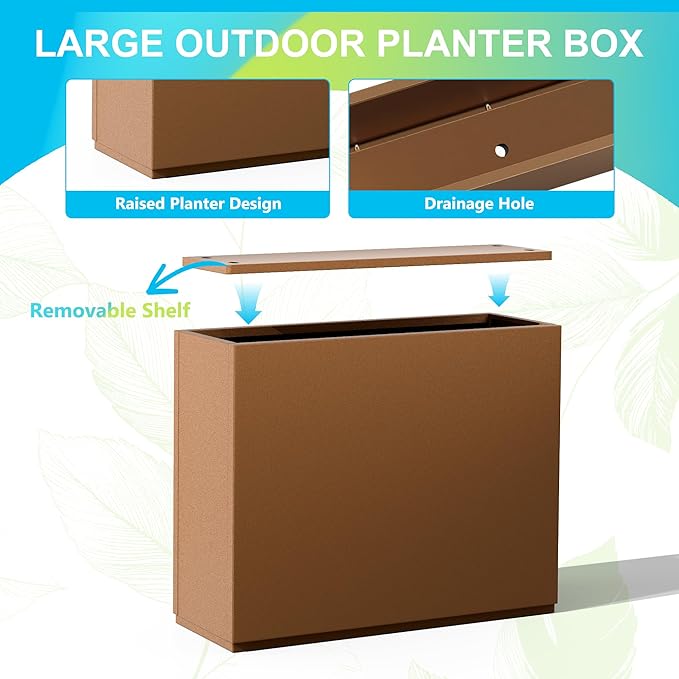 FENCY Metal Planter Box, Large Rectangular Planters for Outdoor Plants, Outdoor Tall Planters with Drainage Holes, Brown Metal Planters (30" L x 12" W x 24" H)-Ruum Studio Home