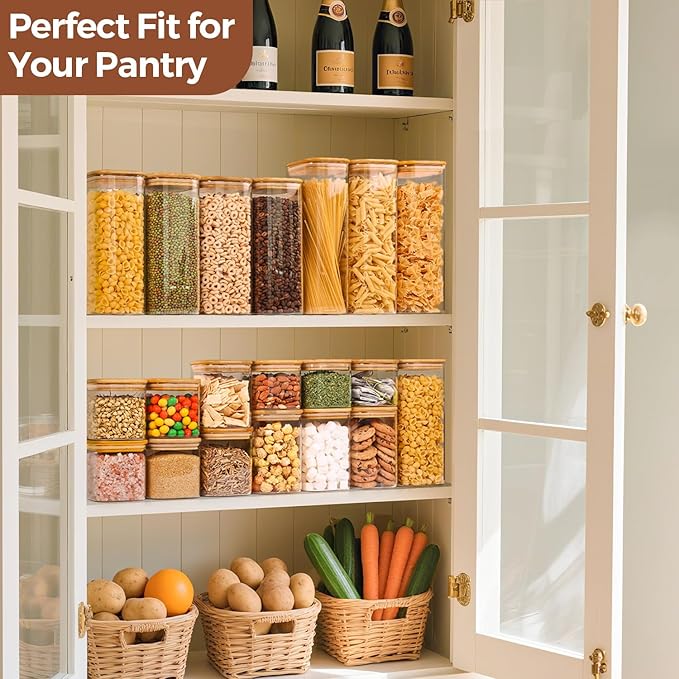 ComSaf Glass Storage Containers with Lids, 1.2 Qt Glass Jars with Lids, Clear Food Storage Jar, Canister For Pantry Cookie Flour Cereal Rice Sugar Tea Coffee Beans Spice, Square Set of 4-Ruum Studio Home