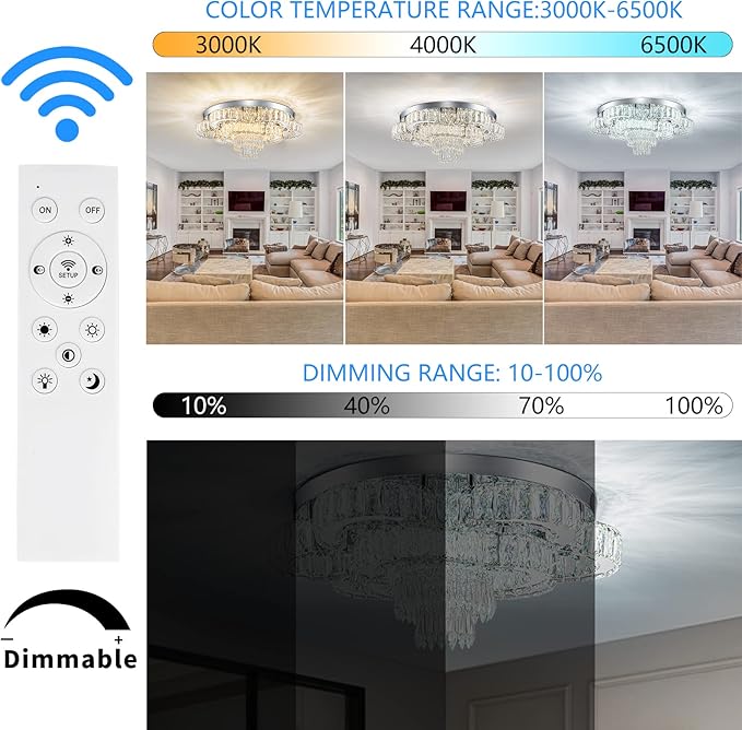 21 Inch Crystal Chandeliers with Remote Control LED Chandelier Modern Mount Flush Mount Chandelier Ceiling Light Fixtures for Bedroom Living Room Dining Room(Dimmable)-Ruum Studio Home