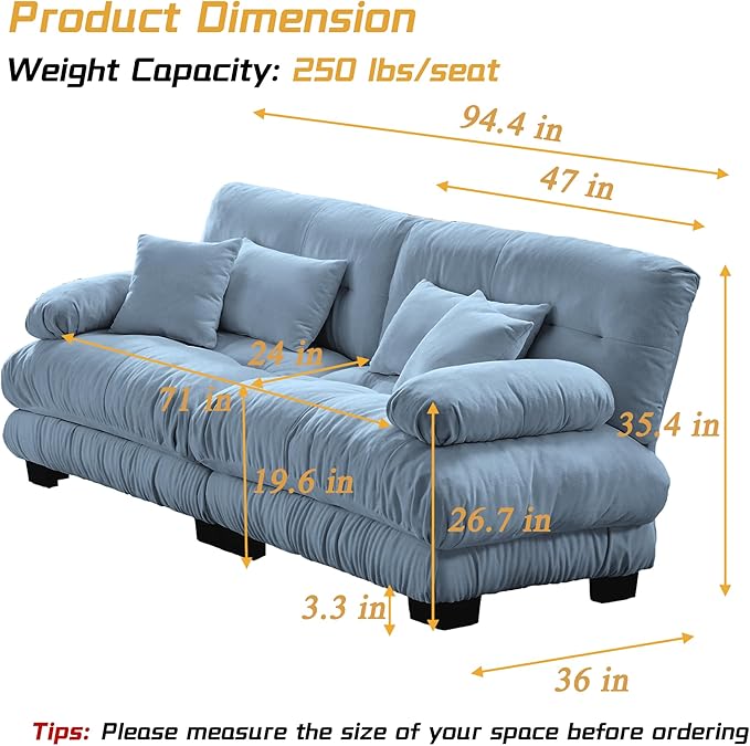 Modular Sectional Sofa, Comfy Cloud Couch Oversized Loveseat, Sectional Couches for Living Room, Modern Chenille Couch for Bedroom, Sleeper Deep Seat Sofa with Throw Pillows, Blue-Ruum Studio Home