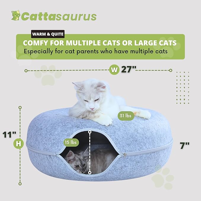 Cattasaurus Peekaboo Cat Cave, Extra Spacious for Multiple & Large Cats 12+ lbs, Scratch Detachable Beds for Indoor Cats, Washable Tunnel Bed, Comfy Cat Donut Tunnel (Light Gray+Light Gray, Jumbo)-Ruum Studio Home