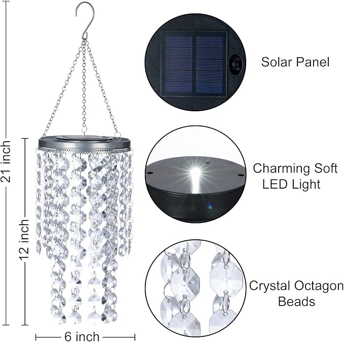 Hanging Solar Lantern Outdoor, 2 Tiers 21” Solar Transparent Acrylic Beaded Chandelier with Cool White LED S Hooks for Garden Yard Patio Gazebo Outside Decor-Ruum Studio Home