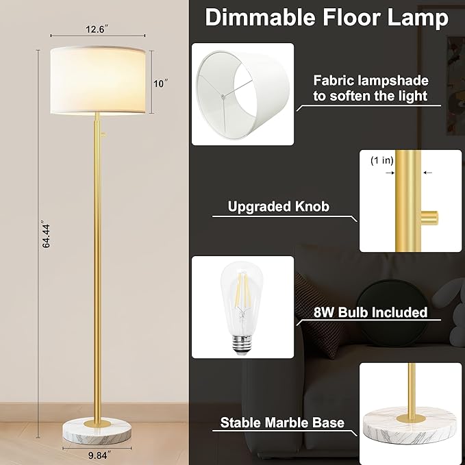Floor Lamp for Living Room,Dimmable Gold Floor Lamp,Modern Standing Lamp with Marble Base,Tall Standing Lamp for Bedroom, Reading,Office & Kids' Room,LED Bulb Included(Gold)-Ruum Studio Home