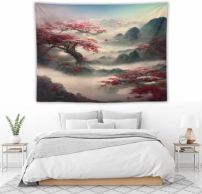 Japanese Tapestry, Red Plum Cherry Blossom Mountain, Nature Landscape, Bedroom & Living Room Decor, 80"x60"-Ruum Studio Home