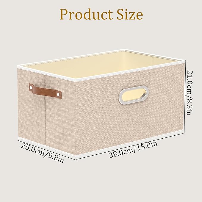 Yawinhe Collapsible Storage Box, Cube Storage Basket, Fabric Foldable Storage Bins Organizer Containers with Dual Leather Handles for Home Bedroom Closet Office,15.0 x 9.8 x 8.3 Inch, (Beige, 4-Pack)-Ruum Studio Home