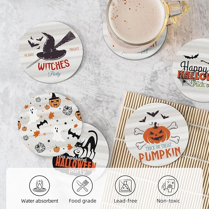 6 PCS Halloween Coasters with Metal Holder and Cork Base Ceramic Drink Coasters Absorbent Cup Mat Non-Slip for Home Kitchen Office Table Decor, 4 Inch Halloween 1-Ruum Studio Home