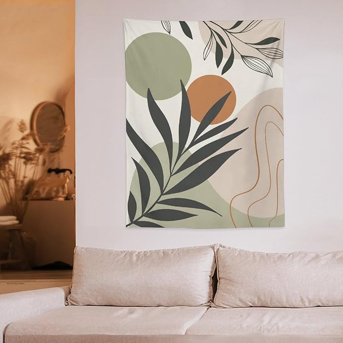 Abstract Bohemian Mid Century Tapestry, Tropical Leaves Modern Geometric Archway Minimalist Bohemian Botanical Aesthetic Wall Hanging, Sage Green Gold Home Decor Art for Bedroom 60x60 Inch-Ruum Studio Home