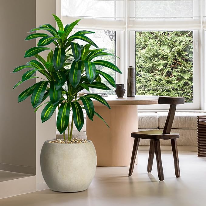 Artificial Dracaena Tree Artificial Silk Tree Faux Tree with White Tall Planter Fake Tropical Yucca Floor Plant (1, White Planter, 4 FT)-Ruum Studio Home