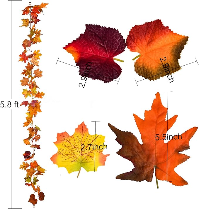 Lvydec 2 Pack Fall Maple Garland - 5.9ft/Piece Artificial Fall Foliage Garland Colorful Autumn Decor for Home Wedding Party (Mixed Color)-Ruum Studio Home