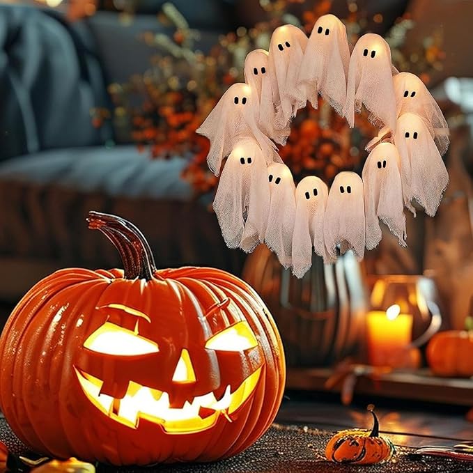 Halloween Ghost Wreath, 12 LED Light-Up White Ghost Garland, Spooky Indoor & Outdoor Hanging Decoration for Front Door, Wall, Party, Battery-Powered Halloween Decor, Holiday Spooky Garland A-Ruum Studio Home