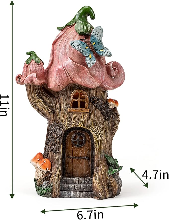 Fairy Garden Accessories Outdoor Statues, Mushroom House Decor,Large Gnome Solar Powered Lights Sculptures,Pink Resin Figurine Butterfly Figurines Lawn Ornaments for Patio Yard Decorations 11Inch-Ruum Studio Home