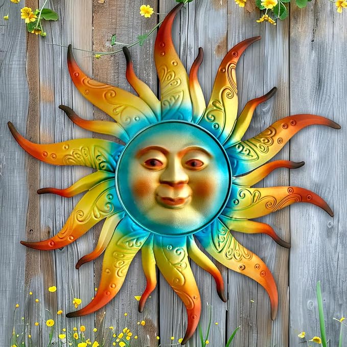 Metal Sun Wall Art Decor - 17.3 inches Outdoor Wall Decor,Sun Face Sculpture for Garden Farmhouse Yard Patio Fence Living Room Bedroom Gift Idea for Family Friends-Ruum Studio Home