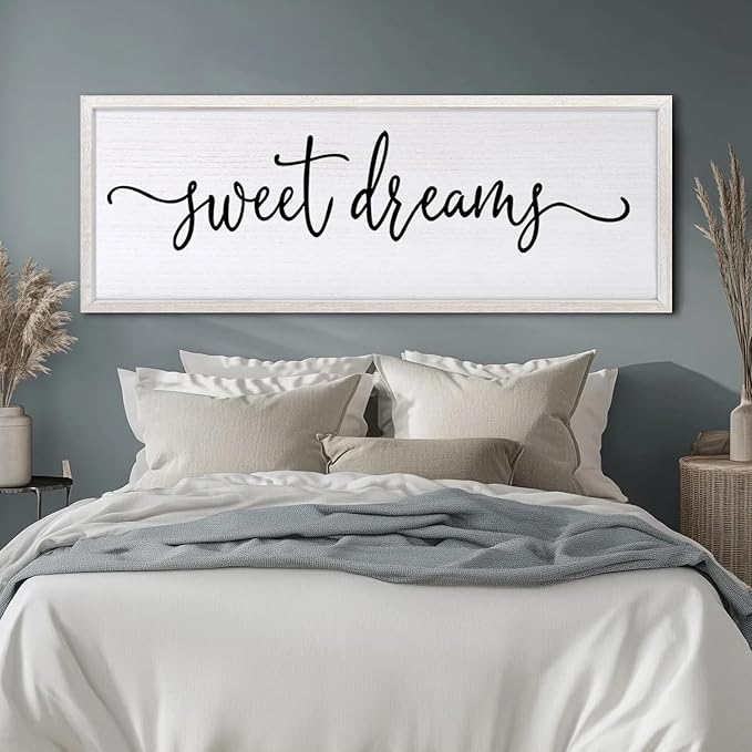 Sweet Dreams Over Bed Wall Decor 32"×12" for Master Bedroom Above Bed Wood Framed Wall Art Sign (White)-Ruum Studio Home