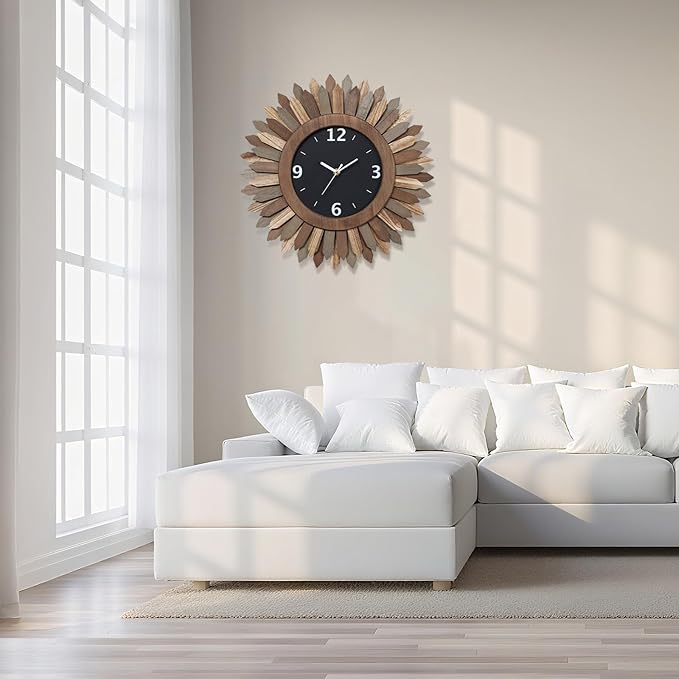 Honiway 16 Inch Wall Clocks, Rustic Wood Boho Sunburst Decorative Wall Clock Battery Operated Silent Non Ticking Farmhouse Large Wall Clocks for Living Room Kitchen Bedroom Home Decor (Tricolor)-Ruum Studio Home