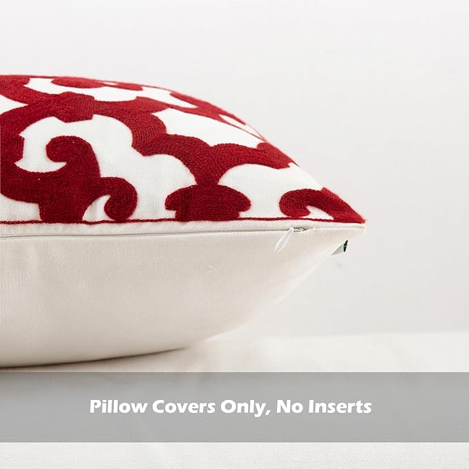 HWY 50 Red Decorative Throw Pillow Covers 18x18 Inch (1 Piece), Embroidered Cotton Farmhouse Cushion Cover Pillow Case for Sofa Couch Living Room Bed, Geometric-Ruum Studio Home
