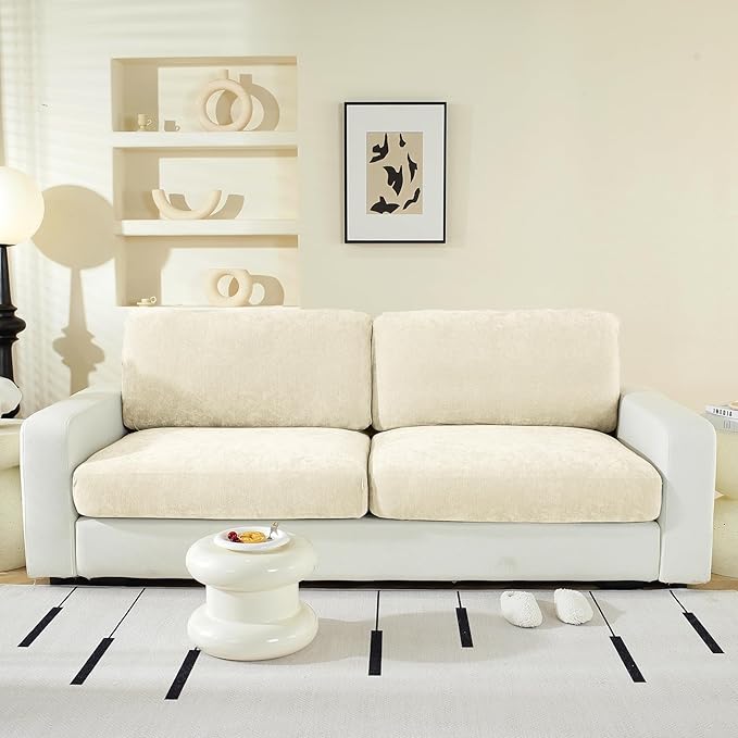 Large Backrest Cushion Covers Super Stretch for 2 Couch Back Cushions, Featuring Chenille Yarn (Softer Version, 2PC, Beige)-Ruum Studio Home