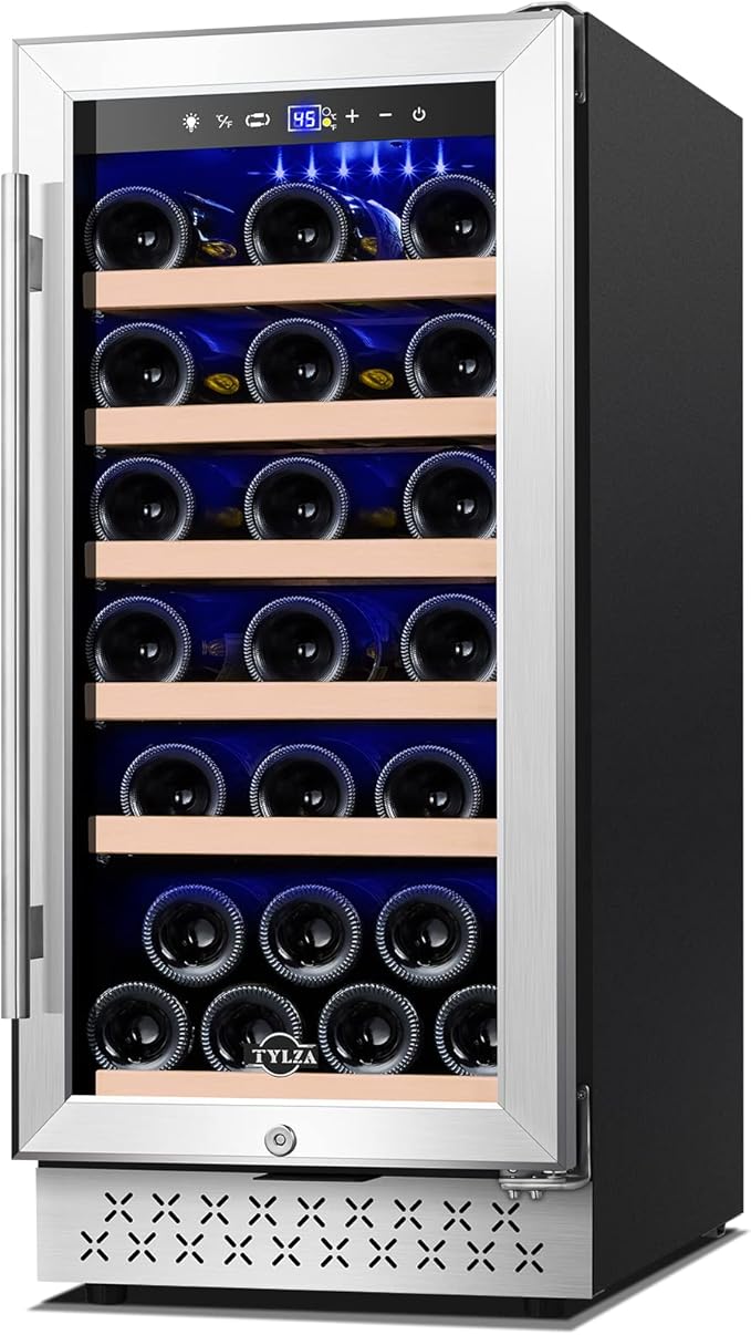Tylza 15 Inch Wine Cooler Under Counter, 33 Bottle Built-in Wine Fridge with Stainless Steel Tempered Glass Door, Temp Memory Function, Freestanding Fast Cooling Wine refrigerator, Quiet Operation-Ruum Studio Home