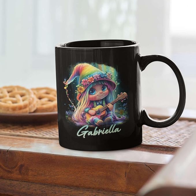 Customized Adorable Gnome With Guitar Mug 11oz 15oz, Personalized Name Coffee Cup, Gnome And Northern Lights Mug, Custom Whimsical Music Ceramic Cup, Gnome Black Mug Gift For Kids-Ruum Studio Home