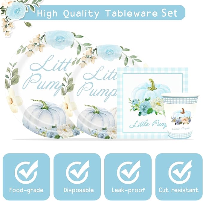Aukolass Pumpkin Party Supplies Tableware Set - Fall Theme Party Decorations Including Plates, Napkins and Cups for Pumpkin Birthday and Baby Shower Party, Serves 24 Guests (blue)-Ruum Studio Home