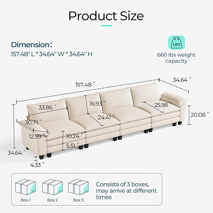 LINSY HOME Oversized Sectional Sofa - 157'' Oversized Corduroy Cloud Couch Deep Seat Modular Sofas Soft Modern Comfy Couches Furniture for Living Room Apartment Office, Beige-Ruum Studio Home