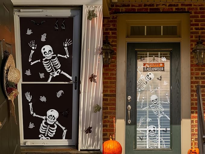 Halloween Window Skeleton Clings – 8 Sheets of Extra Large Cute and Scary Skeletons, Ghosts, and Bats for Home, School, Car Windows, Office, and Party Decor-Ruum Studio Home