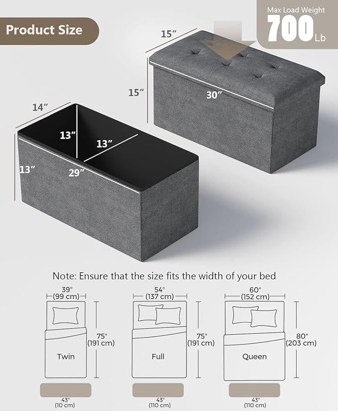 Storage Ottoman Bench, Folding Ottoman Foot Rest, 15 x 30 x 15 Inches, End of Bed Bench,Storage Chest, for Living Room, Bedroom, Hallway, Entryway, Dark Gray-Ruum Studio Home