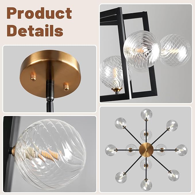 12 Light Black Farmhouse Chandelier Geometric Metal Dining Room Light Fixture Height Adjustable Black Chandeliers for Dining Room Clear Glass Farmhouse Industrial Pendant Lights for Bedroom, Entryway-Ruum Studio Home