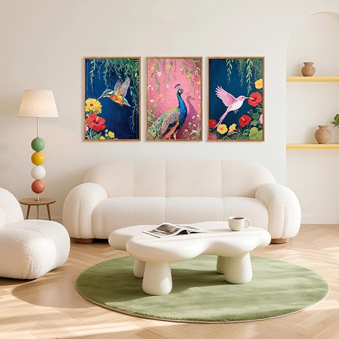 Aurlan Colorful Birds Flowers Framed Wall Art(16"x24"), 3PCS Large Classic Elegance Hummingbird Peacock Canvas Artwork, Vintage Abstract Watercolor Peony Floral Willow Decor for Home Office Bedroom-Ruum Studio Home