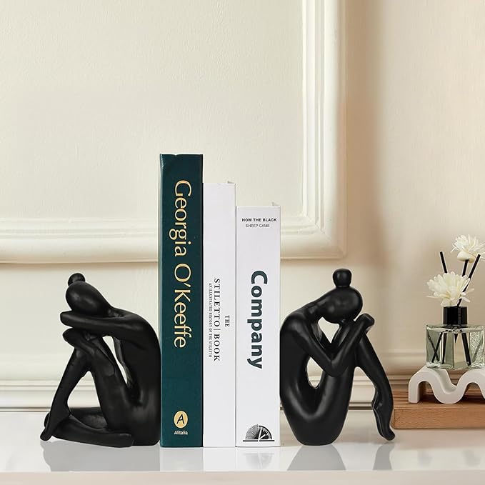 Unique Cast Iron Girl Thinker Bookends, Heavy-Duty Decorative Book Stoppers for Shelves, Creative Home and Office Desk Ornaments, 1 Pair/2 Pieces, 5.9"-Ruum Studio Home