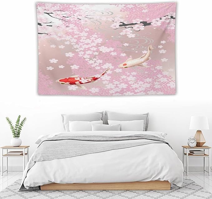 Houselerax Japanese Koi Fish Tapestry, Cherry Blossoms Asian Oriental Pink Flower Branch Koi Fish Carp Tapestries Wall Hanging for Bedroom Living Room Office Decor 90"x60"-Ruum Studio Home