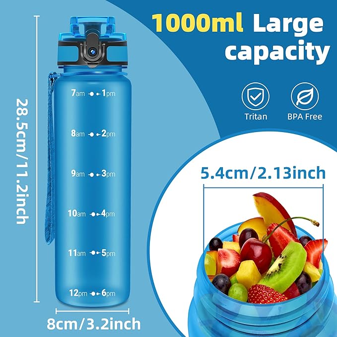 OLDLEY 32 oz Motivational Water Bottle with Time Marker, Sports Water Bottle With Strap, Leakproof & BPA Free Large Water Bottle for School, Gym, Travel, Outdoor, Tritan, Blue-Ruum Studio Home