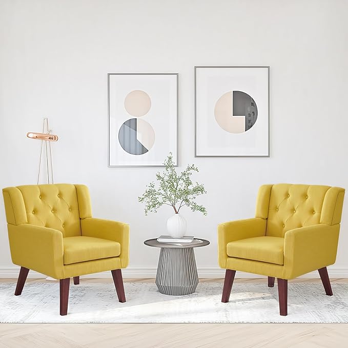 Accent Chairs Set of 2, Button-Tufted Upholstered Living Room Chairs Set of 2, Comfy Reading Chair Mid Century Modern Chairs with Linen Fabric Lounge Arm Chairs for Bedroom (Bright Yellow)-Ruum Studio Home