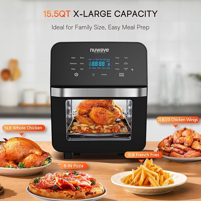 Nuwave Brio 15.5Qt 10-IN-1 Air Fryer Rotisserie Oven, XL Family Size, Even & Crisp AirFry, Reheat, Roast, Dehydrate for Quick Meals, 50°-425°F Control, 100 Presets & 50 Memory, Dishwasher-Safe, 1800W-Ruum Studio Home