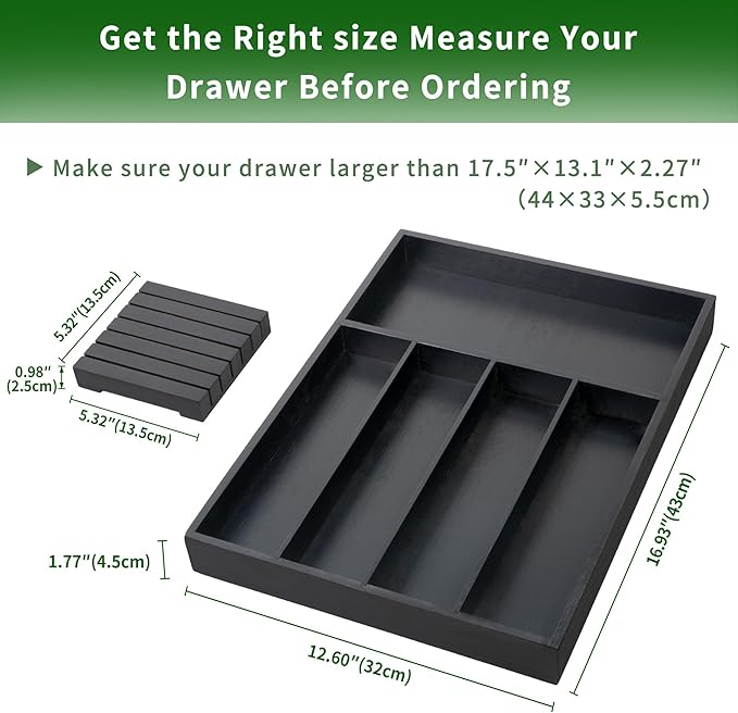 VaeFae Bamboo Silverware Organizer, Utensil Holder for Drawer, Wooden Cutlery Tray with Divider for Kitchen Drawer, Utensil Organizer with Knife Block（Black）-Ruum Studio Home