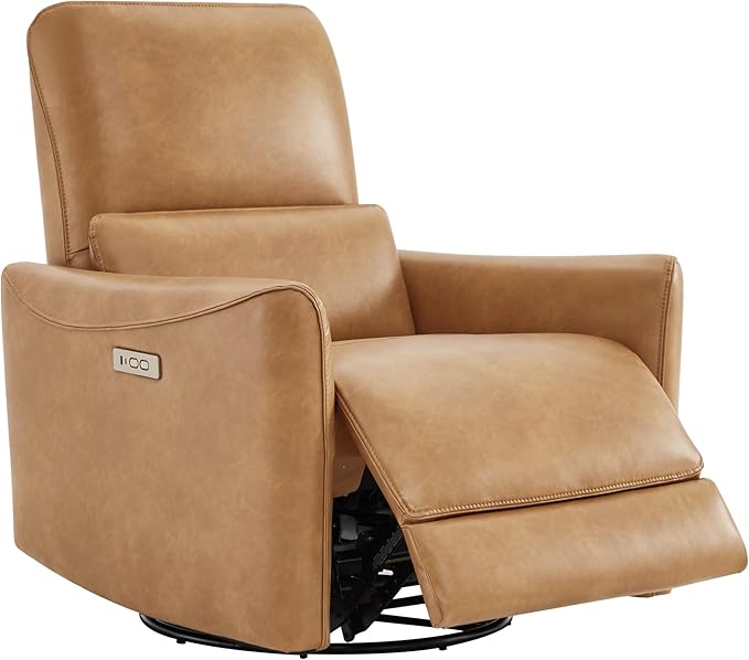 CHITA Power Recliner Chair Swivel Glider, FSC Certified Upholstered Faux Leather Living Room Nursery Reclining Sofa Chair with Lumbar Support, Cognac Brown-Ruum Studio Home