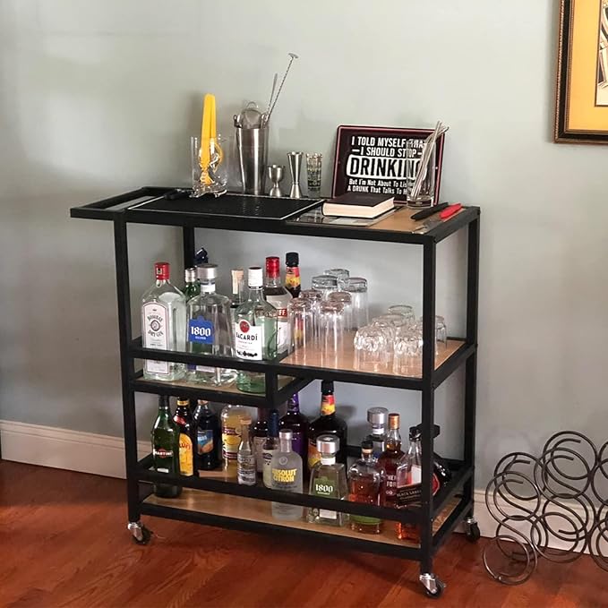 Bar and Serving Cart Industrial & Modern Rustic Rolling Bar and Serving Cart,3-Tiered Wood & Metal Kitchen Bar Cart Island with Wheels,Move Storage Coffee/Wine Island Shelf,Black-Ruum Studio Home