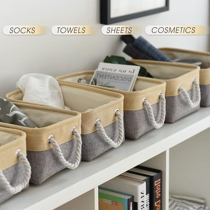 TcaFmac Organization and Storage Bins for Shelves - Small 6 Pack 12x8x5.2 inch Collapsible Storage Basket for Organizing, Fabric Storage Cubes for Gifts Empty for Toy Books (Gold & Grey)-Ruum Studio Home