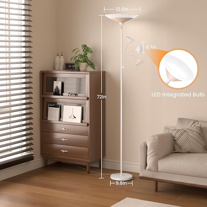 Torchiere Floor Lamp with Wood Grain Shade, 72" Dimmable LED Standing Lamp with Remote, 2-in-1 Floor Reading Lamp with Color Changing, 34W White Corner Lamp for Living Room Bedroom Office-Ruum Studio Home