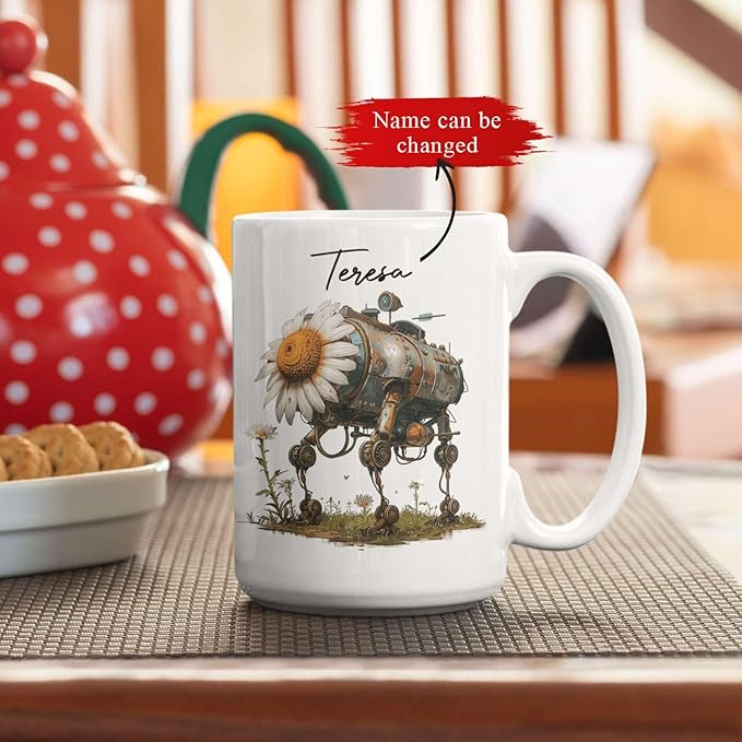 Customized Robotic Daisy Coffee Mug 11oz Or 15oz, Personalized Name On Mechanical Flower Mug, Novelty Ceramic Cup Gift For Tech Enthusiasts, Custom Nature Inspired White Mug-Ruum Studio Home