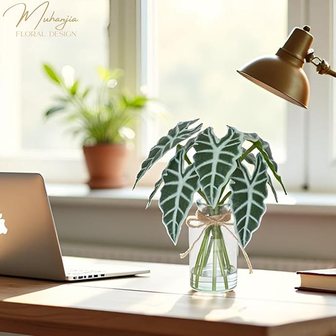 Artificial Flowers Turtle-Back, Alocasia Leaf, in Glass Vase with Faux Water,7Pcs Artificial Leaves Real Touch Latex Leaves for Centerpiece (2, Turtle-Back&Alocasia Leaves)-Ruum Studio Home