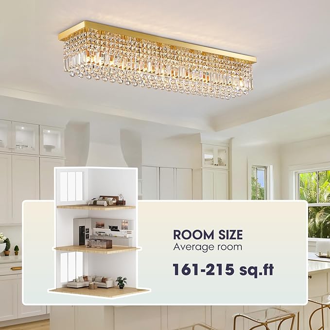 10 Lights Gold Flush Mount Rectangle Chandelier, Modern K9 Crystal Chandeliers Light Fixture Rectangular Raindrop Chandelier Pendant Island Light for Living Dining Room Kitchen Bar L47 Inch-Ruum Studio Home