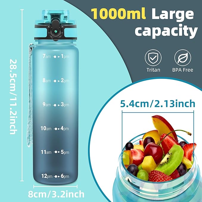 OLDLEY 32 oz Water Bottle, Motivational Water Bottle with Time Marker, Sports Water Bottle With Strap, Leakproof & BPA Free Large Water Bottles for School, Gym, Travel, Outdoor, Tritan,Blue&Gray-Ruum Studio Home