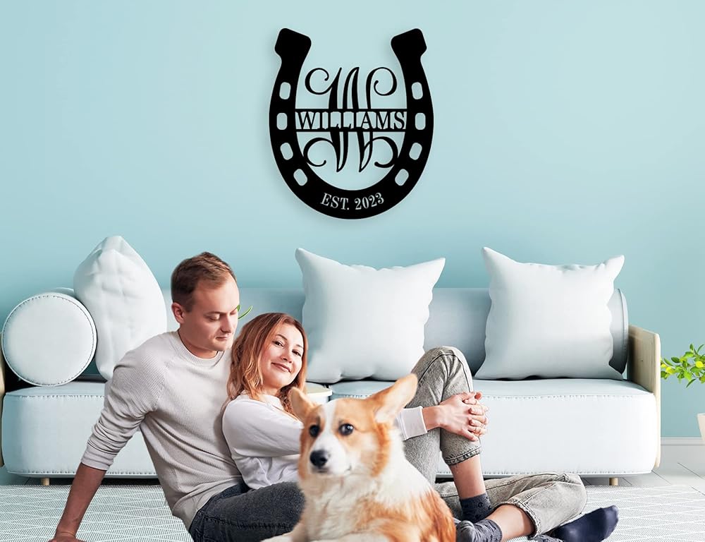 Personalized Horseshoe Metal Sign with Initial and Family Name, Custom Monogram Horseshoe Metal Sign, Horseshoe Metal Wall Art Last Name Sign Equestrian Horse Lover Gift Horseshoe Living Room Decor-Ruum Studio Home