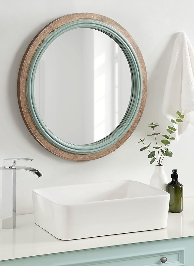 Kate and Laurel Palmer Rustic Farmhouse Round Wooden Mirror, 26 Inch Diameter, Blue and Rustic Brown, Modern Circle Decorative Wall Mirror with Paint Distressing-Ruum Studio Home