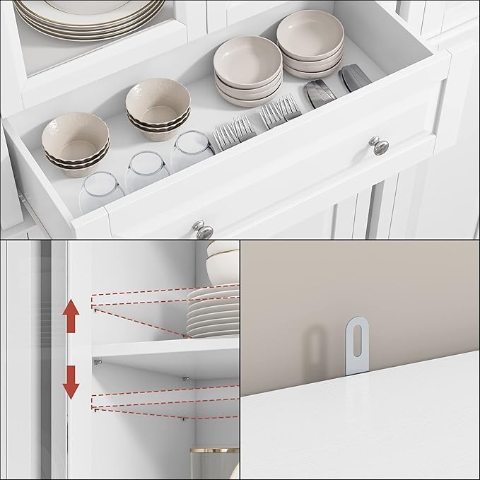 76'' Kitchen Pantry Storage Cabinet, Freestanding Kitchen Cupboard with Large Drawer, Doors, and Adjustable Shelves, Bathroom Storage Cabinet for Dining Room, Living Room, Laundry, White-Ruum Studio Home