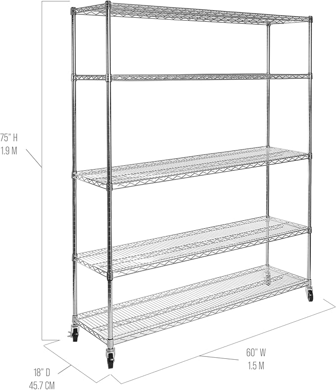 Seville Classics UltraDurable Heavy Duty NSF Solid Steel Wire Rack Storage Unit Organizer for Garage, Warehouse, Office, Restaurant, Classroom, Kitchen, 5-Tier Shelving, 60" W x 18" D-Ruum Studio Home