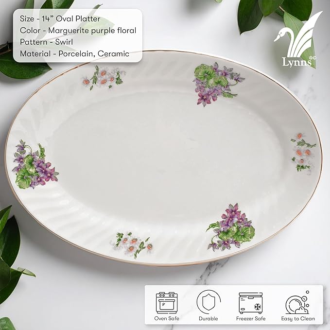 Lynns Paradise Marguerite 14-Inch Oval Platter, Set of 2, Purple; Heavy Duty; Chip Resistant; Lead and Cadmium Free; Freezer to Oven Safe up to 500°F-Ruum Studio Home